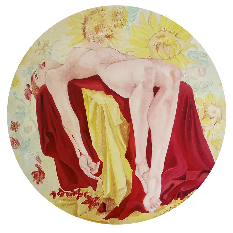 Dipinto di elisabetta gentiloni, raffigurante una figura femminile affascinante distesa nuda su un letto.