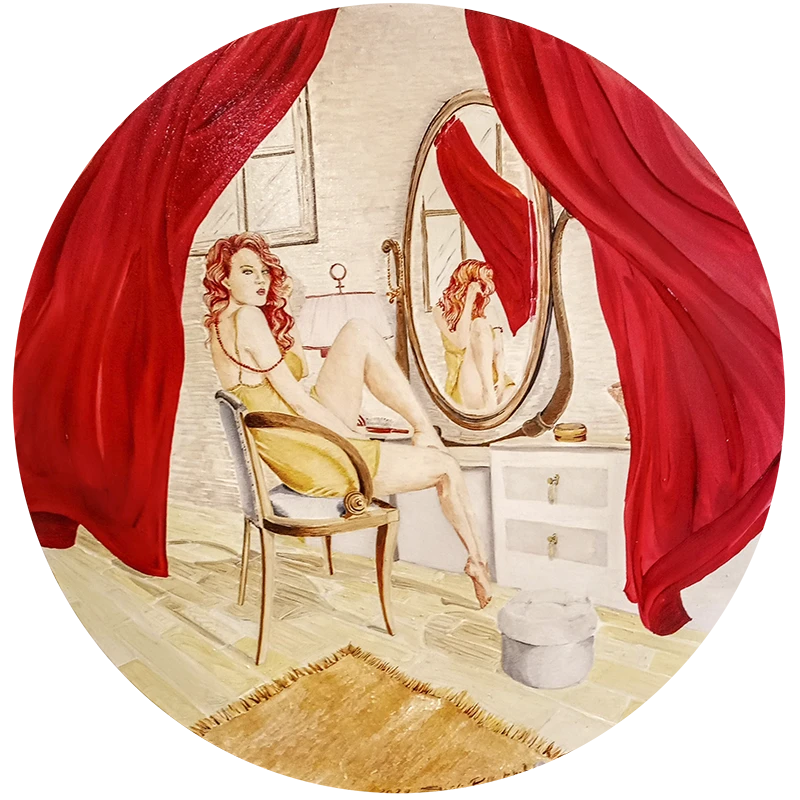 Dipinto di elisabetta gentiloni, raffigurante una figura femminile affascinante seduta davanti ad una specchiera.